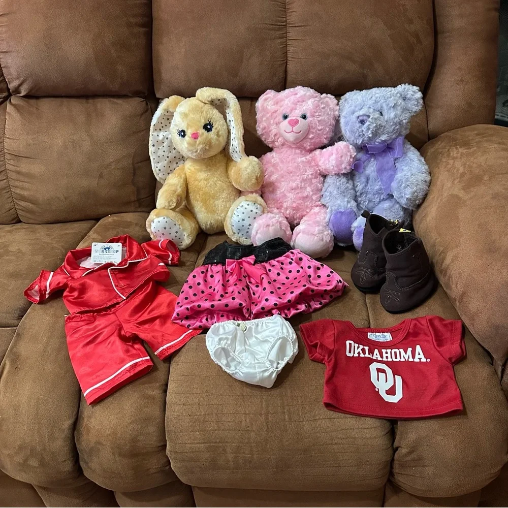 Lot of Build A Bear Items: Bunny Purple Bear Pink Bear with 3 Outfits and Boots